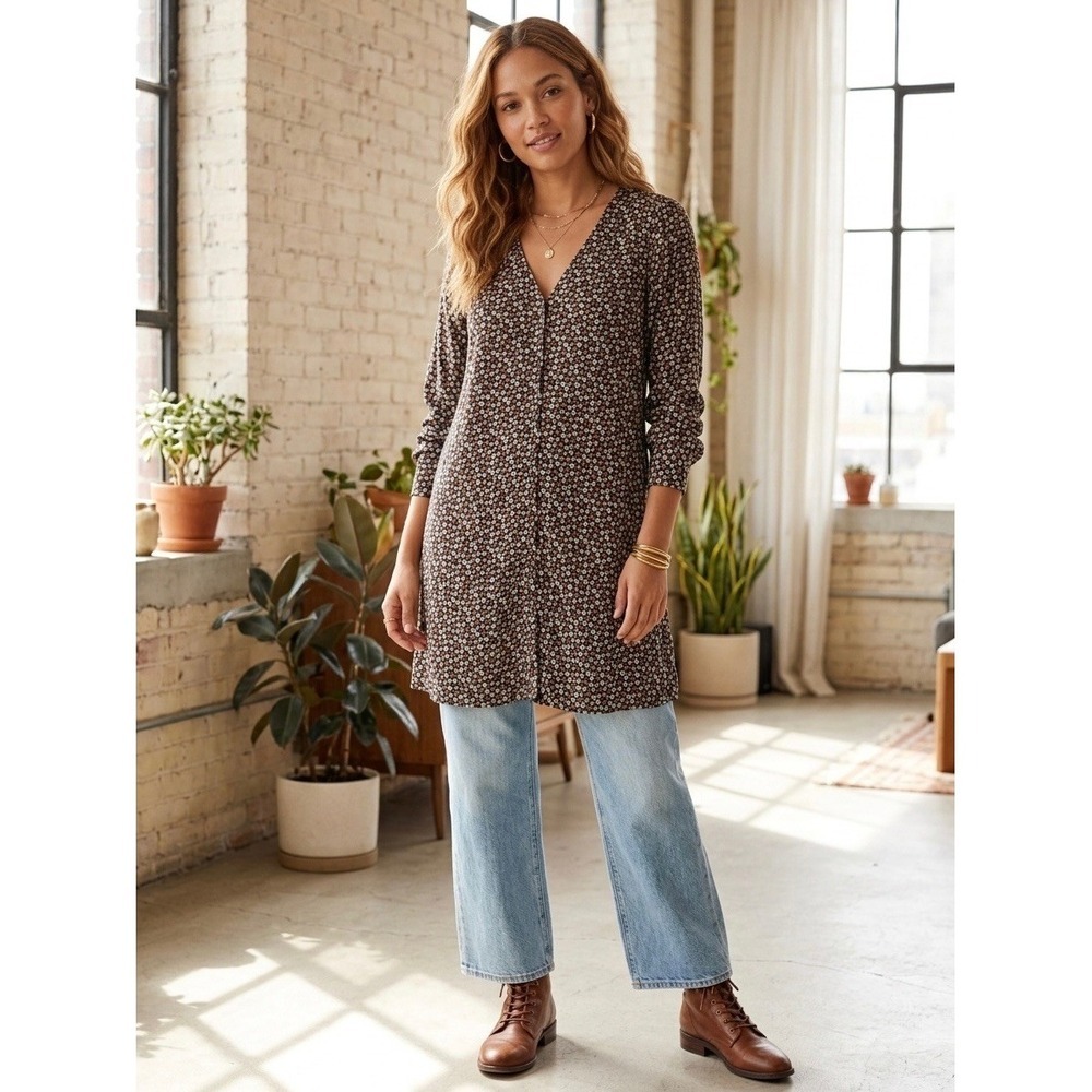 Madewell Ditsy Floral Button Front Mini Dress Long Sleeve V-Neck Tunic XS Black